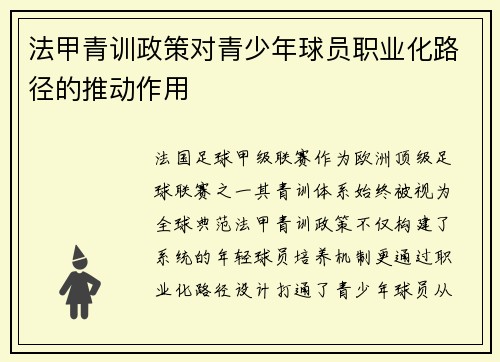法甲青训政策对青少年球员职业化路径的推动作用